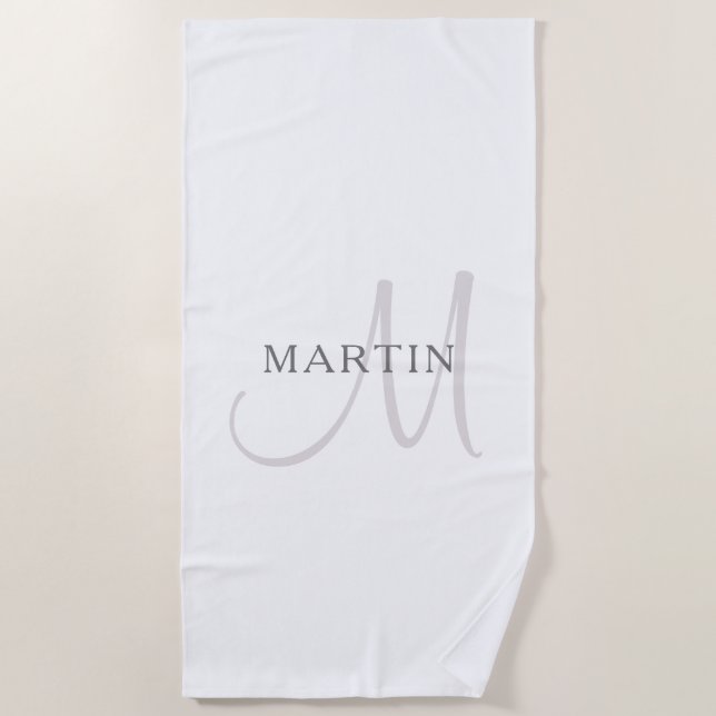 Serviette De Plage Monogramme de nom élégant | Blanc & Gris (Devant)