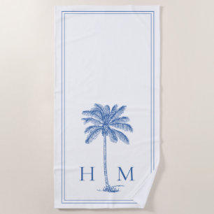 Serviette De Plage Monogramme de palmier blanc et bleu côtier