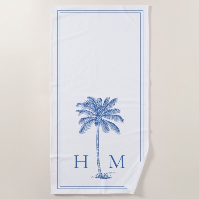 Serviette De Plage Monogramme de palmier blanc et bleu côtier (Devant)