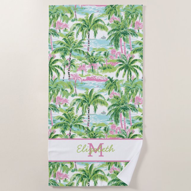 Serviette De Plage Monogramme de palmier tropical rose et vert de Pre (Devant)