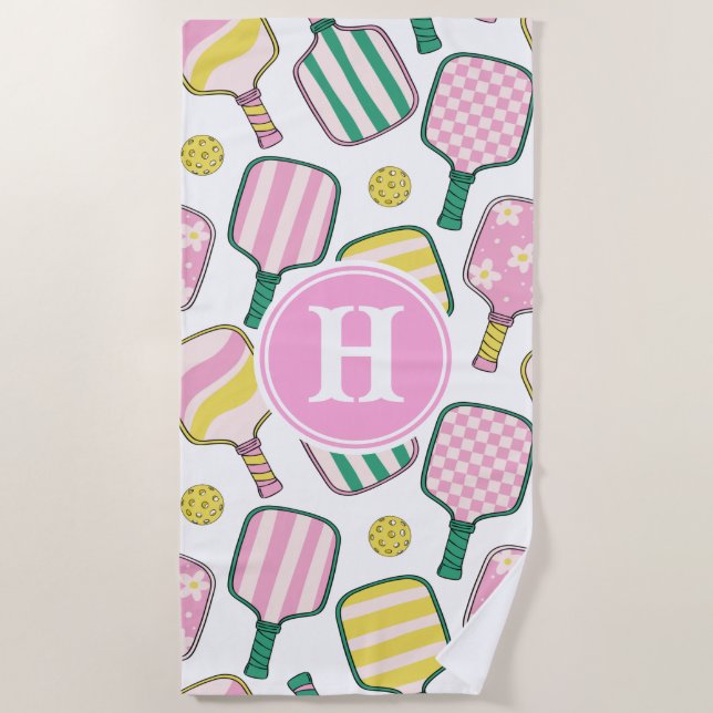 Serviette De Plage Monogramme de Pickleball Rose et Jaune Preppy (Devant)