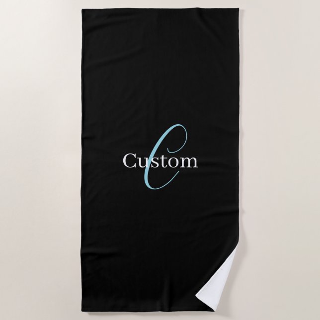 Serviette De Plage Monogramme de script cursif éditable Noir Bleu Bla (Devant)