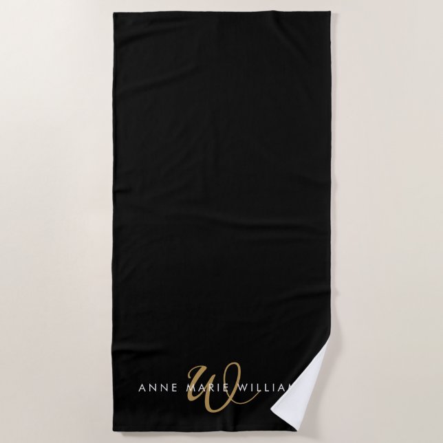 Serviette De Plage Monogramme de script doré noir moderne (Devant)