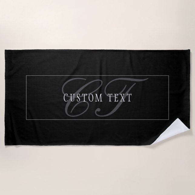 Serviette De Plage Monogramme de script élégant modifiable noir gris  (Devant)