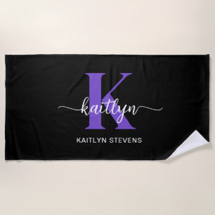 Serviette De Plage Monogramme de script violet noir