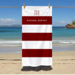 Serviette De Plage Monogramme des rayures bourguignonnes modernes<br><div class="desc">Serviettes De Plage Monogram Beach Personnalisées Et Modernes De Bourgogne.</div>