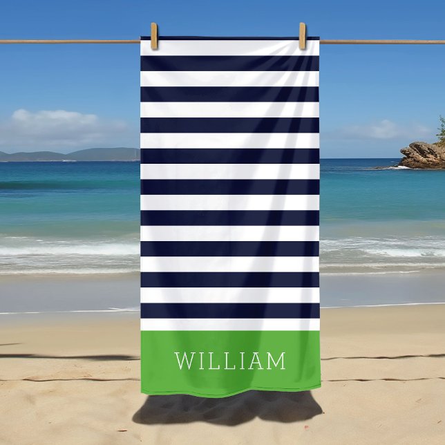 Serviette De Plage Monogramme des rayures de la marine et verte (Créateur téléchargé)
