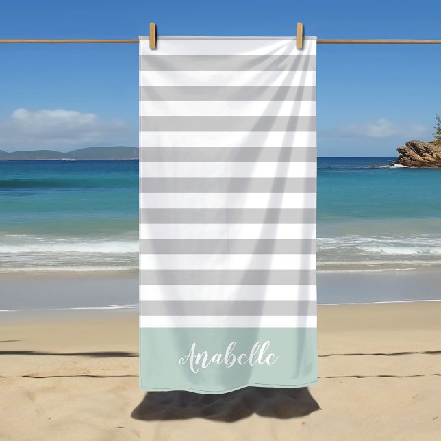 Serviette De Plage Monogramme des rayures de menthe et de gris | Coul (Créateur téléchargé)