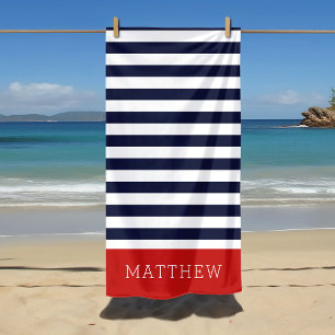 Serviette De Plage Monogramme des rayures rouge et marine