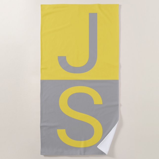 Serviette De Plage Monogramme d'initiales modernes jaune et gris (Devant)