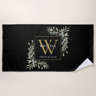 Serviette De Plage Monogramme d'or Élégant vert moderne Noir