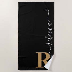 Serviette De Plage Monogramme d'or noir moderne