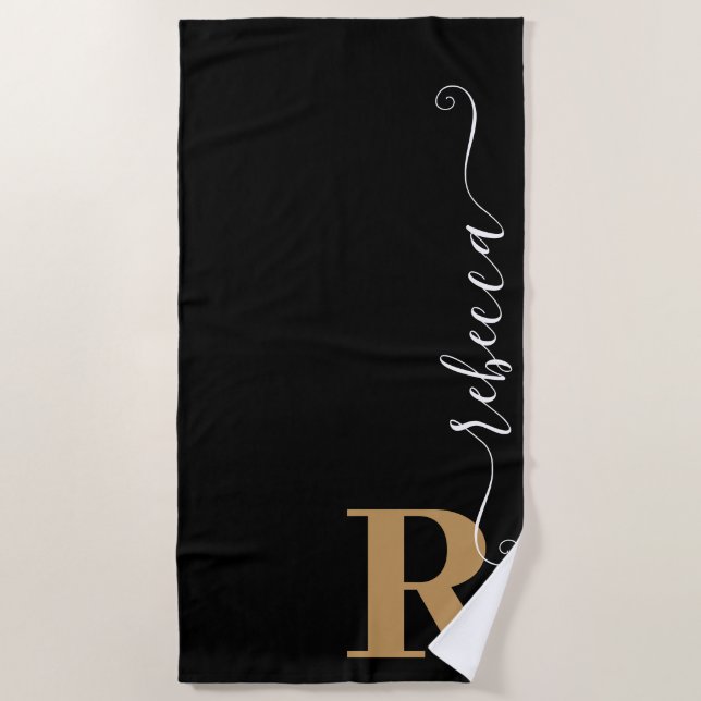 Serviette De Plage Monogramme d'or noir moderne (Devant)