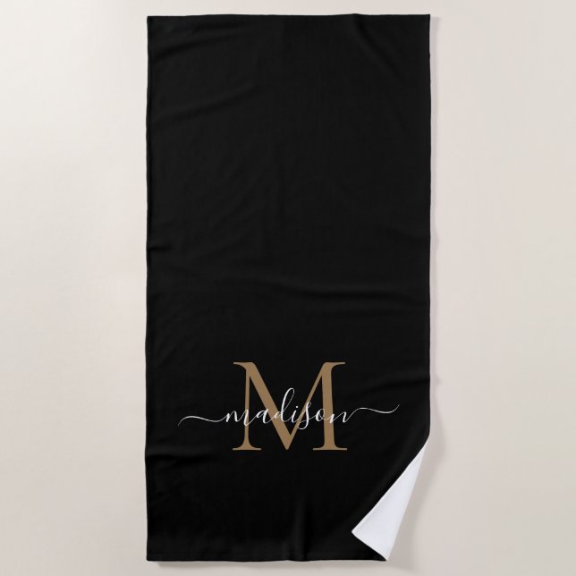 Serviette De Plage Monogramme d'or noir moderne Script féminin chic (Devant)