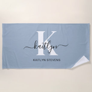 Serviette De Plage Monogramme élégant en bleu poussiéreux écriture