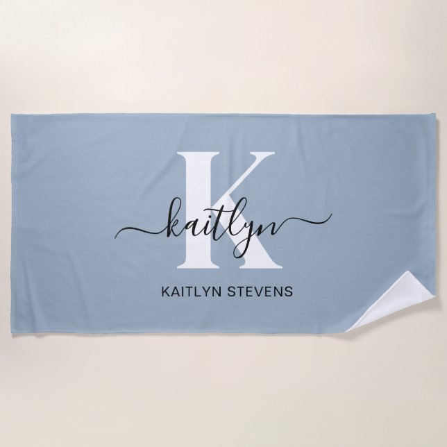 Serviette De Plage Monogramme élégant en bleu poussiéreux écriture (Devant)