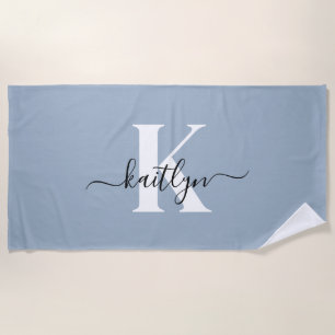 Serviette De Plage Monogramme élégant en bleu poussiéreux écriture