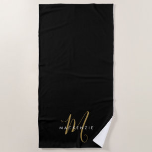 Serviette De Plage Monogramme élégant moderne noir or écriture