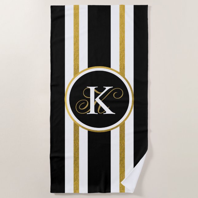Serviette De Plage Monogramme Elégant Noir & Or Personnalisé (Devant)