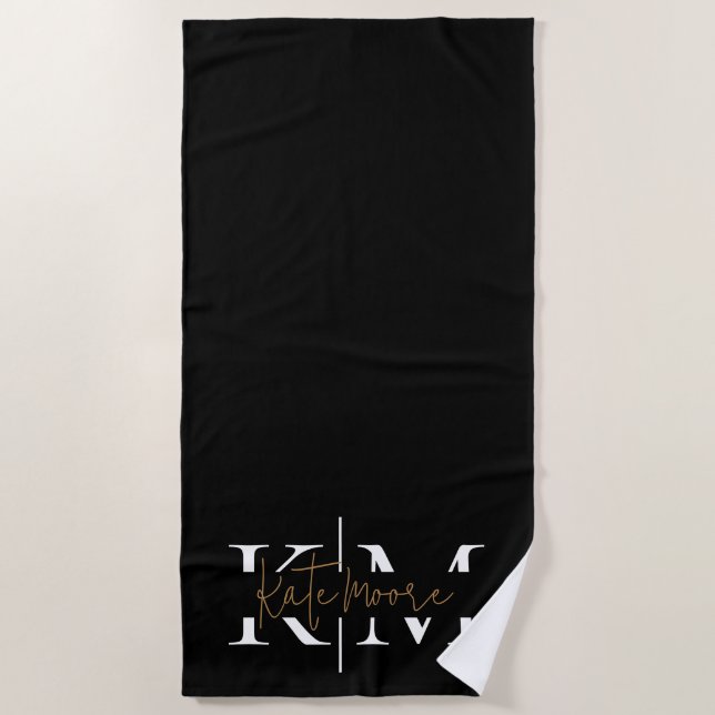 Serviette De Plage Monogramme élégant noir or script Stylé  (Devant)