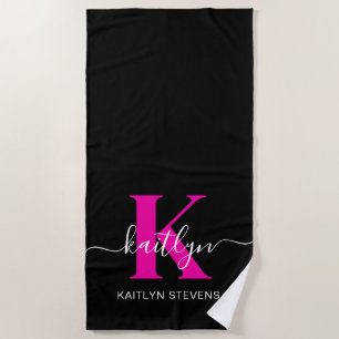Serviette De Plage Monogramme élégant noir rose vif écriture