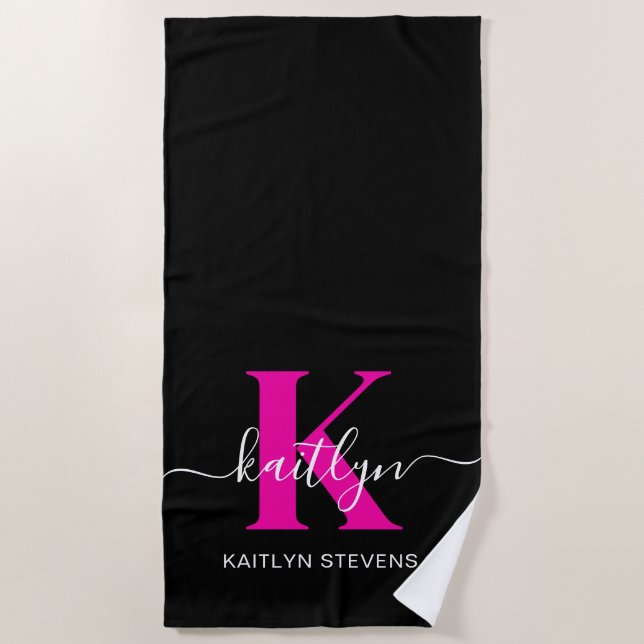 Serviette De Plage Monogramme élégant noir rose vif écriture (Devant)