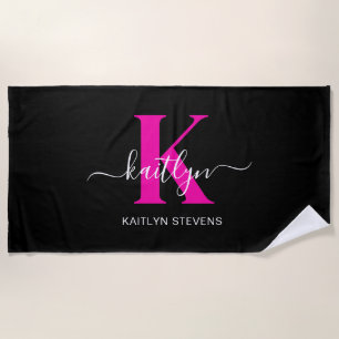 Serviette De Plage Monogramme élégant noir rose vif écriture