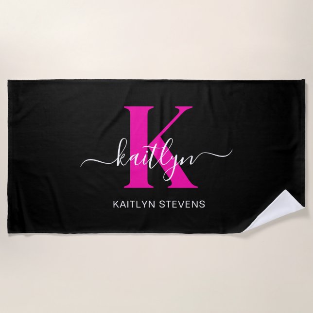 Serviette De Plage Monogramme élégant noir rose vif écriture (Devant)