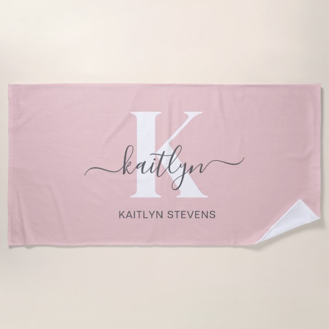Serviette De Plage Monogramme élégant rose poudré gris écriture (Devant)