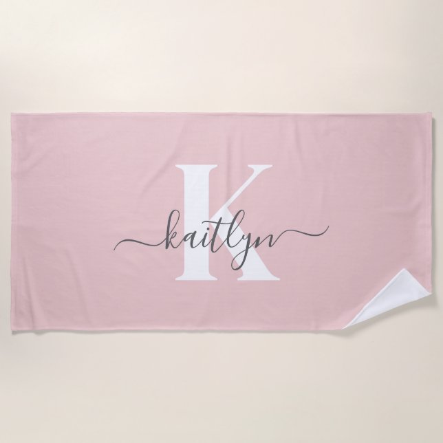 Serviette De Plage Monogramme élégant rose poudré gris écriture (Devant)