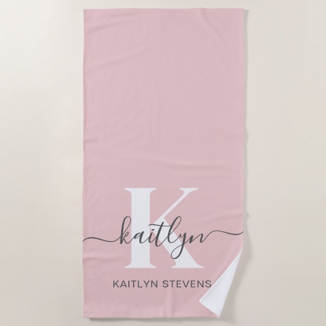 Serviette De Plage Monogramme élégant rose poudré gris écriture (Devant)