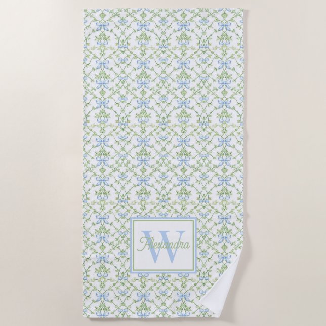 Serviette De Plage Monogramme en treillis de rubans et de vignes bleu (Devant)