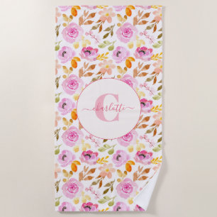 Serviette De Plage Monogramme et nom floral aquarelle rose d'été