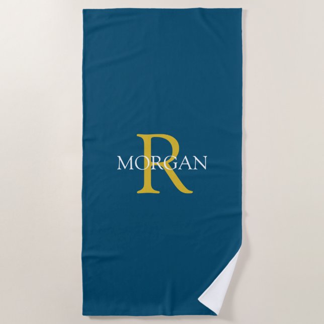 Serviette De Plage Monogramme et nom, Or et blanc, bleu océan (Devant)