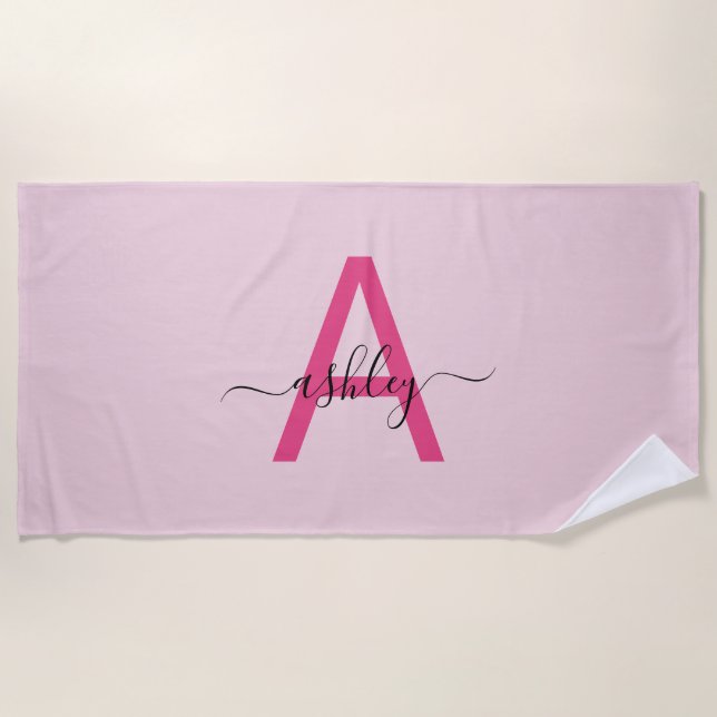 Serviette De Plage Monogramme Féminin Moderne en Écriture Rose Chaud (Devant)