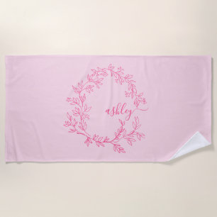 Serviette De Plage Monogramme Féminin Moderne en Écriture Script Rose