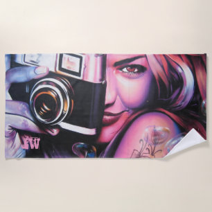Serviette De Plage Monogramme Femme Grafitti avec caméra