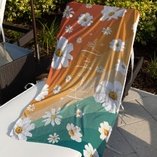 Serviette De Plage Monogramme Floral Arc-en-ciel Rétro Daisy