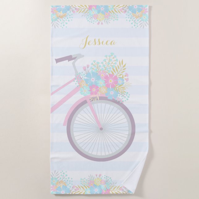 Serviette De Plage Monogramme Floral Bicyclettes Pastel Rose Bleu (Devant)