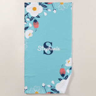 Serviette De Plage Monogramme floral bleu moderne