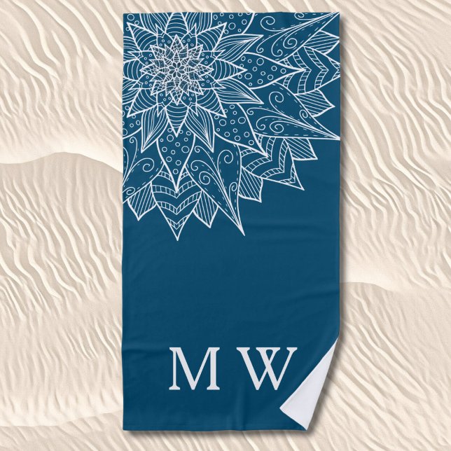 Serviette De Plage Monogramme Floral Élégant Bleu d'Été (Créateur téléchargé)