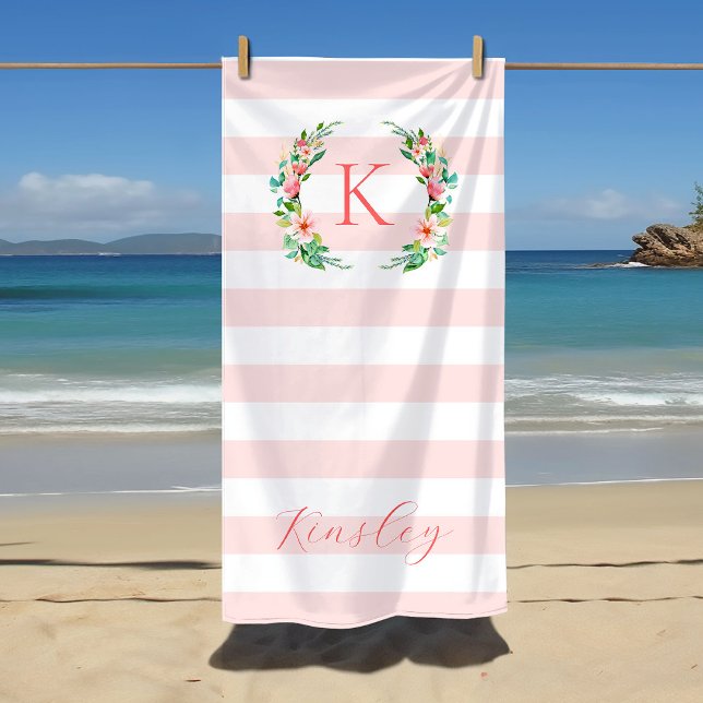 Serviette De Plage Monogramme floral paradis et rayures (Créateur téléchargé)