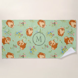 Serviette De Plage Monogramme Floral Pomeranian Motif Vert