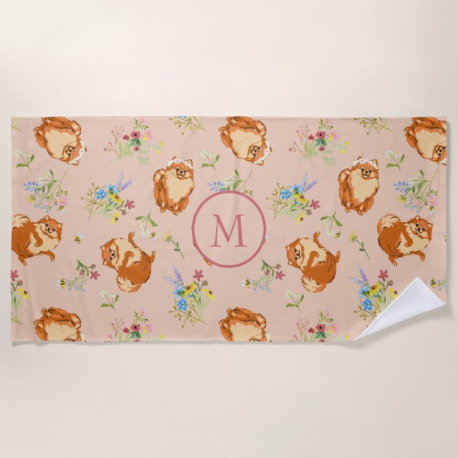 Serviette De Plage Monogramme Floral Poméranien Motif rose pâle (Devant)