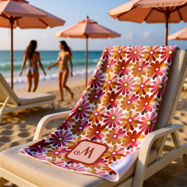 Serviette De Plage Monogramme Floral Rose Orange Rétro (Vintage Pink Orange Floral Monogram Retro Beach Towel)