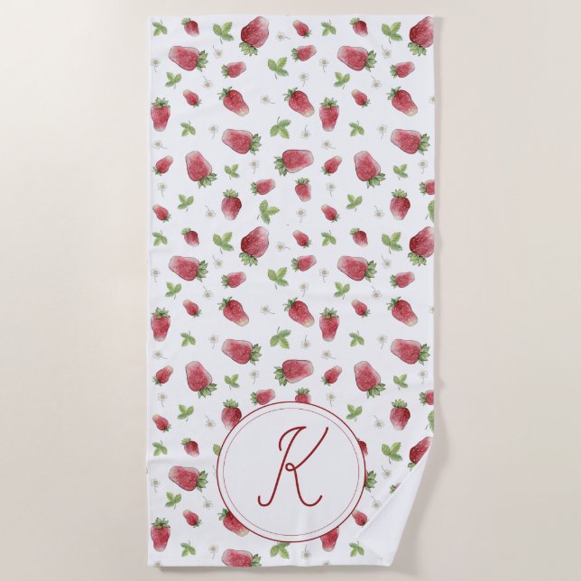 Serviette De Plage Monogramme fraise à l'aquarelle (Devant)