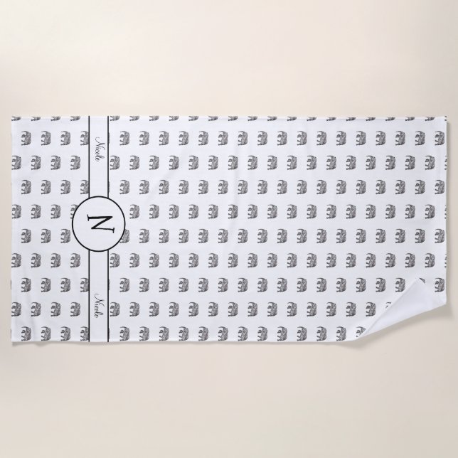 Serviette De Plage Monogramme géométrique éléphant noir et blanc (Devant)
