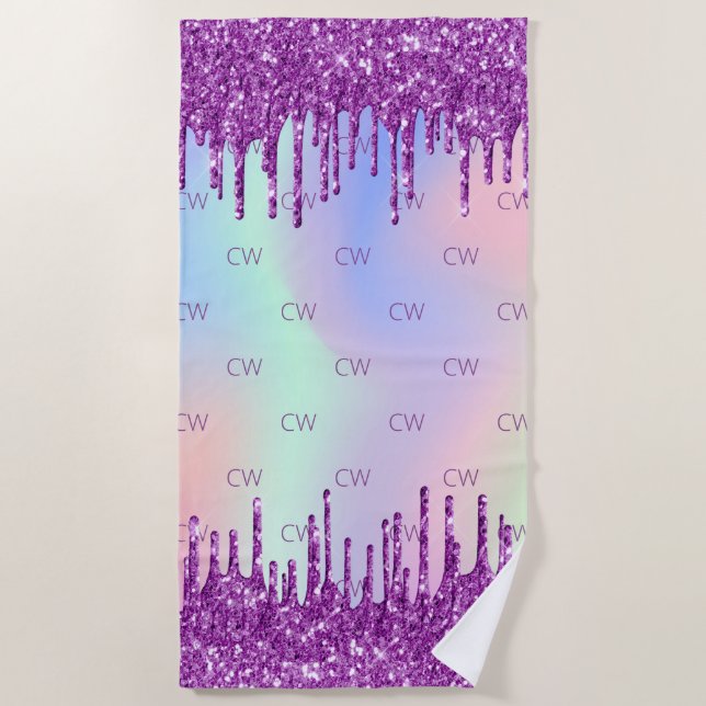 Serviette De Plage monogramme holographique rose parties scintillant  (Devant)