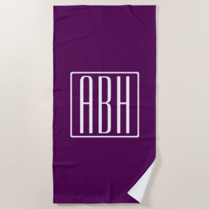 Serviette De Plage Monogramme initial   Blanc Sur Violet Profond
