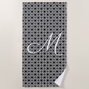 Serviette De Plage Monogramme initial géométrique noir et blanc